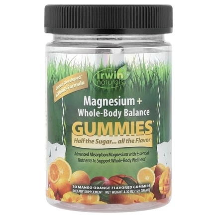 Irwin Naturals, магний и баланс всего организма, со вкусом манго и апельсина, 30 жевательных таблеток