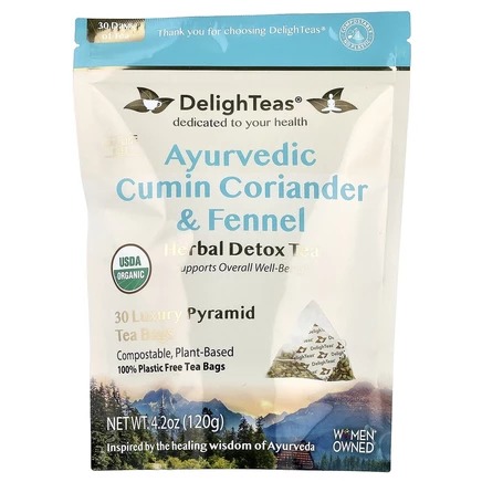 DelighTeas, Ayurvedic Cumin, Coriander & Fennel, травяной чай для выведения токсинов, без кофеина, 30 роскошных чайных пакетиков Pyramid, 120 г (4,2 унции)