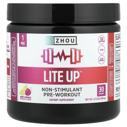 Zhou Nutrition, Lite Up™, предтренировочный комплекс без стимуляторов, со вкусом ягодного лимонада, 106 г (3,73 унции)