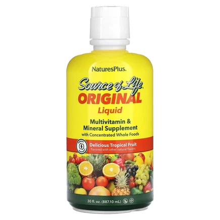 NaturesPlus, Source of Life, жидкая мультивитаминная и минеральная добавка с концентратами цельных продуктов, со вкусом тропических фруктов, 887,10 мл (30 жидк. унций)