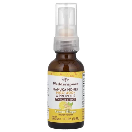Wedderspoon, Спрей для горла с медом и прополисом Manuka, лимонный имбирь, MGO 400+, 30 мл (1 жидк. Унция)