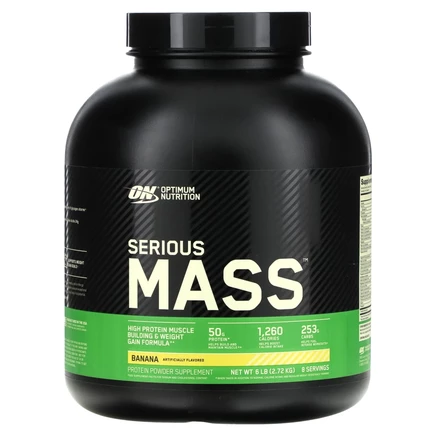 Optimum Nutrition, Serious Mass, порошок для набора веса (гейнер) с высоким содержанием протеина, вкус банан, 2720 г (6 lb)