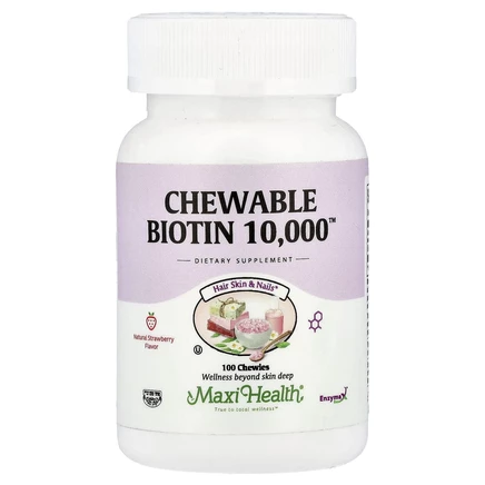 Maxi Health, Жевательные таблетки с биотином 10 000 ™, натуральная клубника, 10 000 мкг, 100 жевательных таблеток