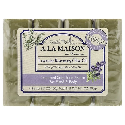 A La Maison de Provence, кусковое мыло для рук и тела, лаванда и розмарин, оливковое масло, 4 шт. по 100 г (3,5 унции)
