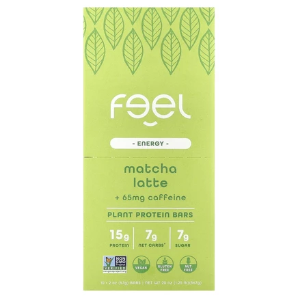The Feel Bar, Energy, батончики с растительными протеинами, латте с матча и кофеином, 10 батончиков по 57 г (2 унции)