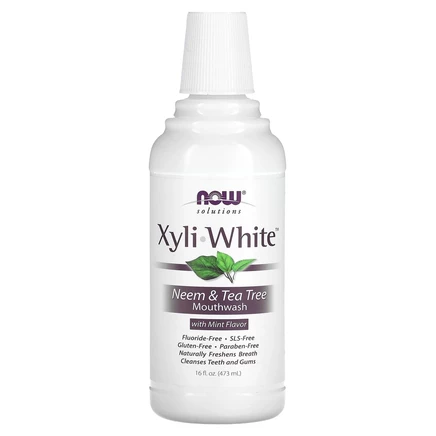 NOW Foods, Solutions, жидкость для полоскания рта Xyli-White, без фтора, нима и чайного дерева со вкусом мяты, 473 мл (16 жидк. унц.)