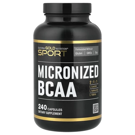 California Gold Nutrition, Sport, микронизированные BCAA, аминокислоты с разветвленной цепью, 500 мг, 240 растительных капсул (250 мг в 1 капсуле)