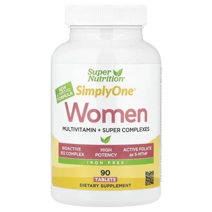 Super Nutrition, Simply One®, мультивитамины с суперкомплексами для женщин, без железа, 90 таблеток