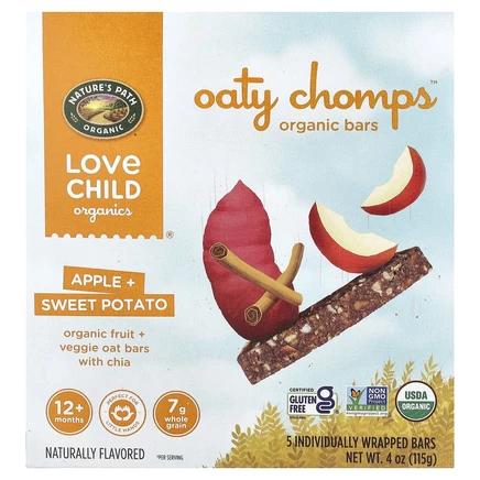 Love Child Organics, органические батончики Oaty Chomps™, для детей от 12 месяцев, яблоко и батат, 5 батончиков в индивидуальной упаковке по 23 г (0,8 унции)