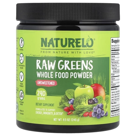 NATURELO, Порошок из цельных продуктов из необработанной зелени, несладкий, 240 г (8,5 унции)