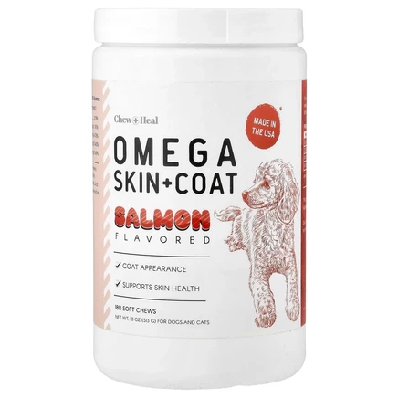 Chew + Heal, Omega Skin + шерсти, для собак и кошек, со вкусом лосося, 180 жевательных таблеток, 513 г (18 унций)