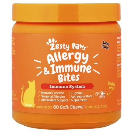 Zesty Paws, Aller-Immune Bites, иммунная система, для кошек всех возрастов, бекон, 60 жевательных таблеток, 78 г (2,7 унции)