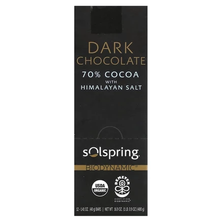 Dr. Mercola, Solspring, биодинамический темный шоколад, 70% какао с гималайской солью, 12 плиток по 40 г (1,41 унции)