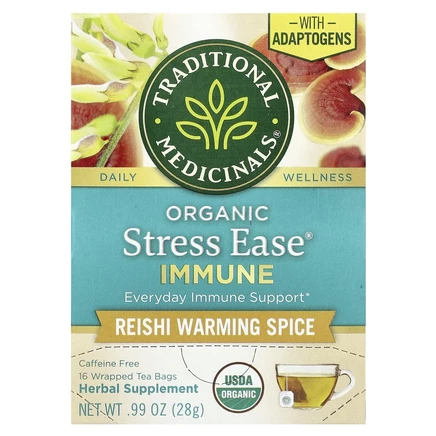 Traditional Medicinals, органическая Stress Ease Immune, согревающая приправа рейши, без кофеина, 16 чайных пакетиков в упаковке, 28 г (0,99 унции)