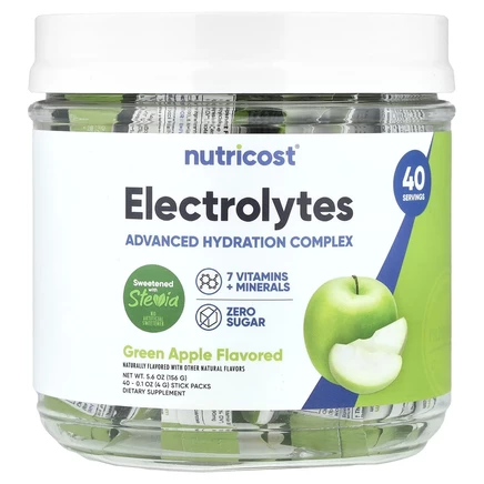 Nutricost, Электролиты, улучшенный комплекс для увлажнения, зеленое яблоко, 40 пакетиков по 4 г (0,1 унции)
