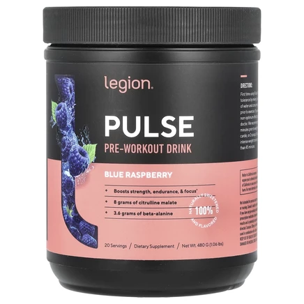 Legion Athletics, Pulse, предтренировочный напиток, голубая малина, 480 г (1,06 фунта)
