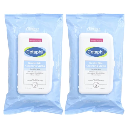 Cetaphil, Деликатные салфетки для очищения кожи, без отдушек, 2 упаковки, по 25 предварительно увлажненных салфеток