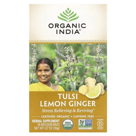 Organic India, чай с тулси, лимоном и имбирем, без кофеина, 18 пакетиков, 36 г (1,27 унции)