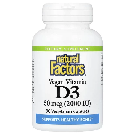 Natural Factors, Веганский витамин D3, 50 мкг (2000 МЕ), 90 вегетарианских капсул