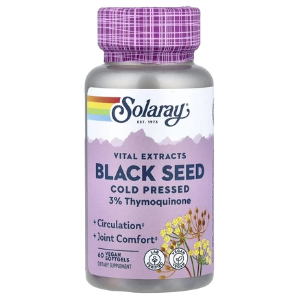 Solaray, Vital Extracts, черное семя, холодный отжим, 60 веганских мягких таблеток
