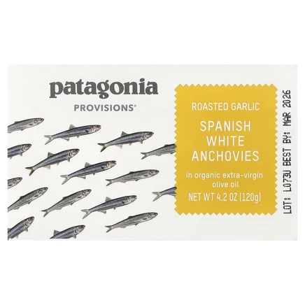 Patagonia Provisions, Обжаренные испанские белые анчоусы с чесноком в оливковом масле первого отжима, 120 г (4,2 унции)