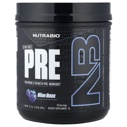NutraBio, PRE-Workout, предтренировочный комплекс, без стимуляторов, со вкусом голубой малины, 609 г (1,34 фунта)