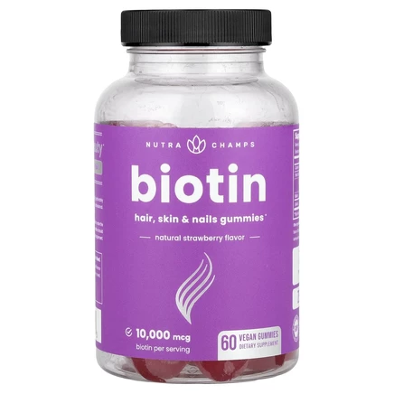 NutraChamps, жевательные таблетки с биотином, со вкусом натуральной клубники, 10 000 мкг, 60 веганских жевательных таблеток (5000 мкг в одной жевательной таблетке)
