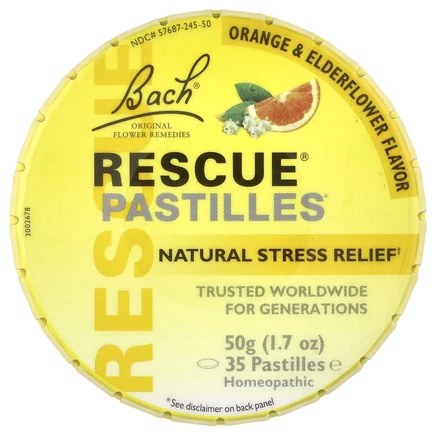 Bach, Original Flower Remedies, Rescue Pastilles, натуральное средство от стресса, апельсин и бузина, 35 пастилок, 50 г (1,7 унции)