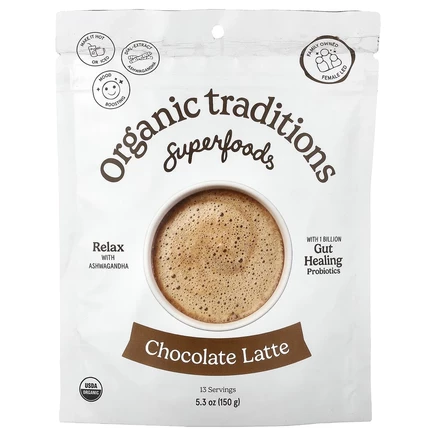 Organic Traditions, Шоколадный латте с ашвагандой и пробиотиками, 150 г (5,3 унции)