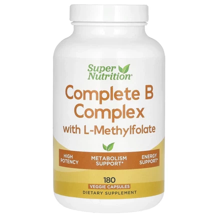 Super Nutrition, полный комплекс витаминов группы B с L-метилфолатом, 180 растительных капсул