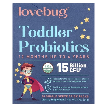 LoveBug Probiotics, пробиотики для детей в возрасте от 1 года до 4 лет, 15 млрд КОЕ, 30 порций в индивидуальных стик-пакетах по 1,8 г (0,06 унции)