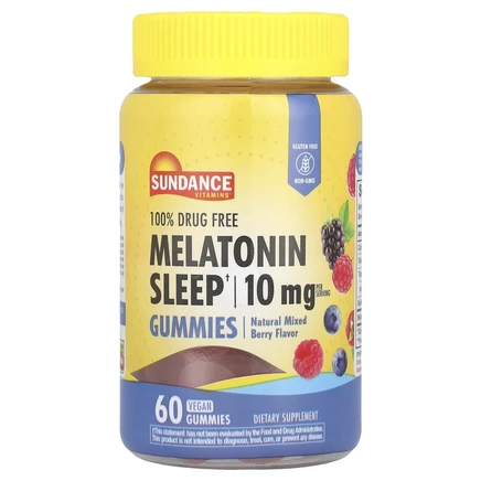 Sundance Vitamins, Мелатониновые жевательные таблетки для сна, натуральное ягодное ассорти, 10 мг, 60 веганских жевательных мармеладок (5 мг в каждой жевательной мармеладке)