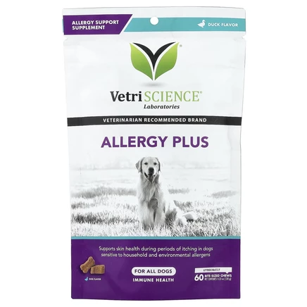 Vetriscience, Allergy Plus, для всех собак, утка, жевательные таблетки на размер 60, 120 г (4,23 унции)