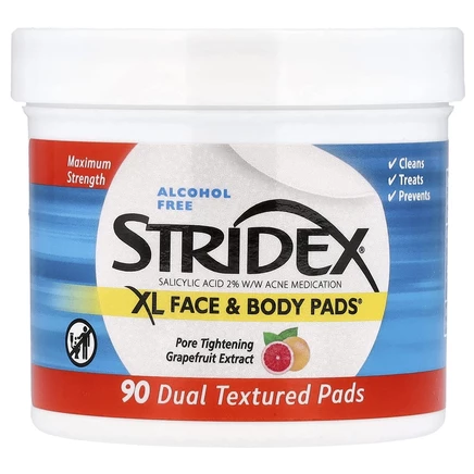 Stridex, XL, прокладки для лица и тела, без спирта, 90 прокладок с двойной текстурой