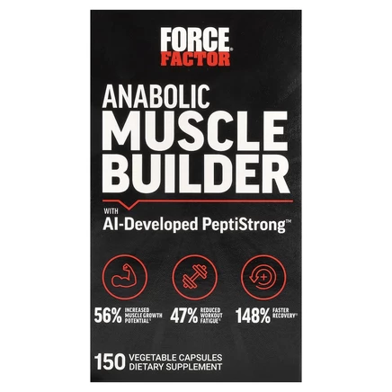 Force Factor, средство для наращивания мышечной массы с разработанным искусственным интеллектом PeptiStrong, 150 растительных капсул