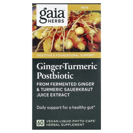 Gaia Herbs, постбиотик с имбирем и куркумой, 60 веганских капсул с фитокапсулами