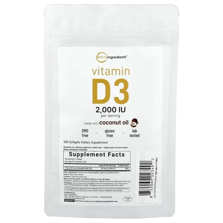 Micro Ingredients, витамин D3, 2000 МЕ, 500 мягких таблеток