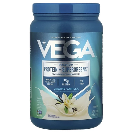 Vega, Premium Protein + Supergreens ™, кремовая ваниль, 624 г (1 фунт 6 унций)