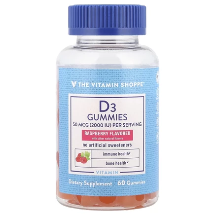 The Vitamin Shoppe, Жевательные мармеладки с витамином D3, малина, 50 мкг (2000 МЕ), 60 жевательных таблеток (25 мкг в жевательной мармеладке)