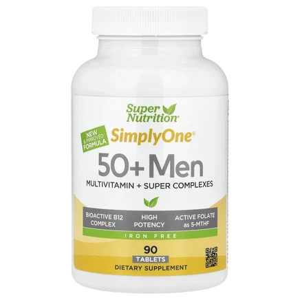 Super Nutrition, Simply One, мультивитамины с суперадаптогенами, зеленью, специями и антиоксидантами для мужчин старше 50 лет, без железа, 90 таблеток