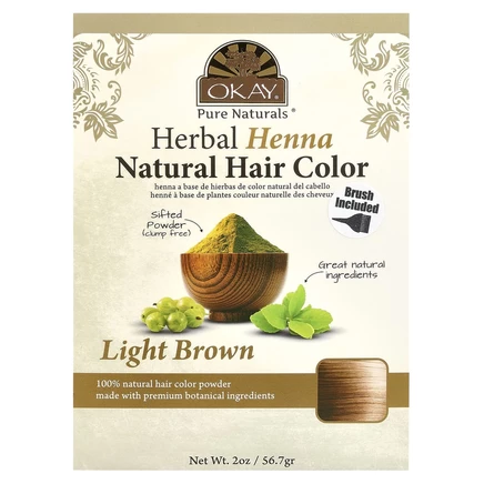 Okay Pure Naturals, Натуральная краска для волос из травяной хны, светло-коричневый, 56,7 г (2 унции)