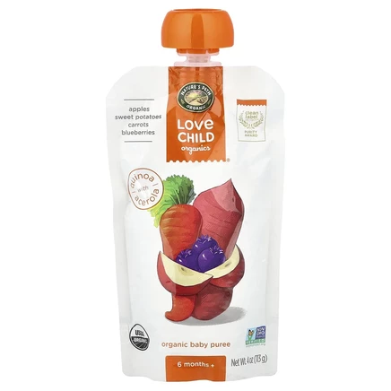 Love Child Organics, органическое пюре для детей, для детей от 6 месяцев, яблоки, батат, морковь, голубика, 113 г (4 унции)