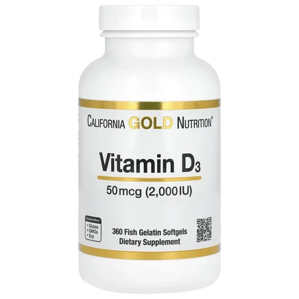 California Gold Nutrition, витамин D3, 50 мкг (2000 МЕ), 360 рыбно-желатиновых капсул