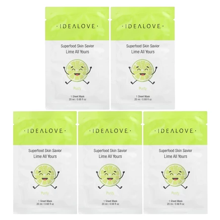Idealove, Superfood Skin Savior, маска с суперфудами, лайм, 5 шт. по 20 мл (0,68 жидк. унции)