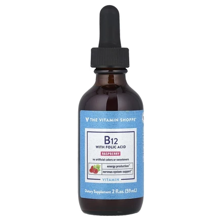 The Vitamin Shoppe, Витамин B12 с фолиевой кислотой, малина, 59 мл (2 жидк. Унции)