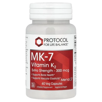 Protocol for Life Balance, MK-7, витамин K2, с повышенной силой действия, 300 мкг, 60 растительных капсул