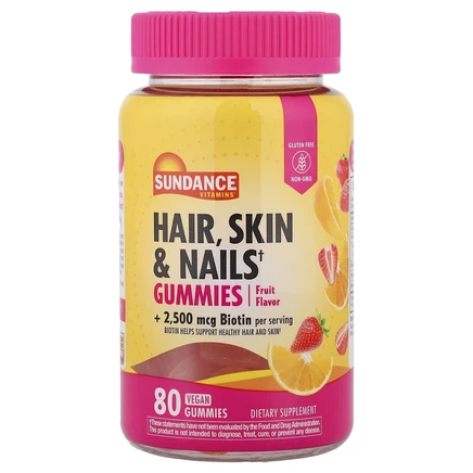 Sundance Vitamins, жевательные таблетки для здоровья волос, кожи и ногтей, с натуральным фруктовым вкусом, 80 веганских жевательных таблеток