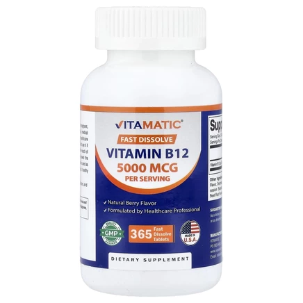 Vitamatic, витамин B12, натуральные ягоды, 5000 мкг, 365 быстрорастворимых таблеток (2500 мкг в 1 таблетке)