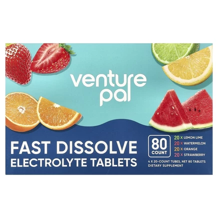 Venture Pal, быстрорастворимые таблетки с электролитами, ассорти вкусов, 4 упаковки, по 20 таблеток в каждой