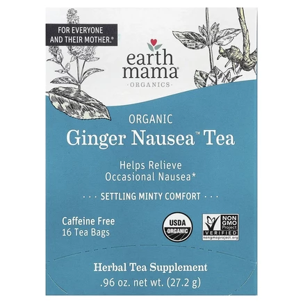 Earth Mama, Organics, органический чай Nausea™ с имбирем, успокаивающий мятный чай, без кофеина, 16 чайных пакетиков, 27,2 г (0,96 унции)